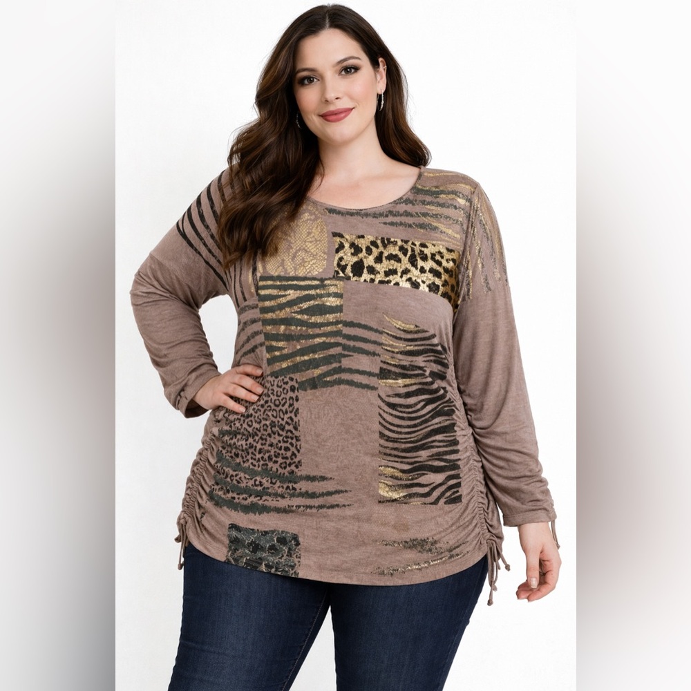 Animal Print Patchwork Top w/ Gold Foil – Size 18/20W